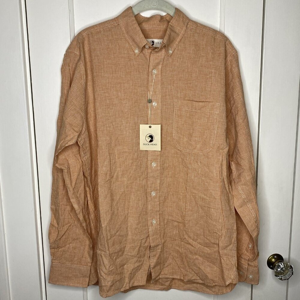 Duck Head Farris Linen Cotton Oxford Orange / Caramel Plaid Medium $108 MSRP #1